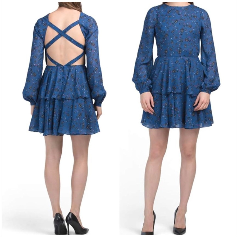 Love By Theia Floral Tiered Chiffon Dress In Blue/Black/Pink Size 4
